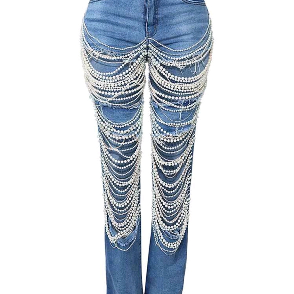 Women's Blue Embellished Jeans - Picture 7 of 8